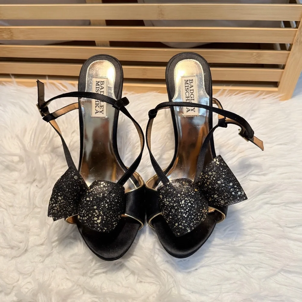 Badgley Mischka Black Gold Bow Heels Satin Formal Platform